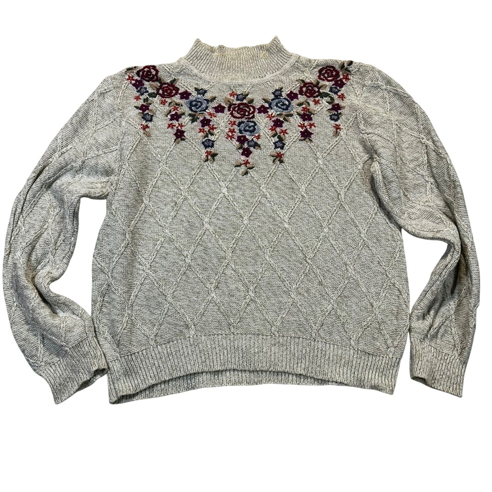 Alfred Dunner Floral Embroidered Sweater Women XL Oatmeal Cottagecore Cable Knit